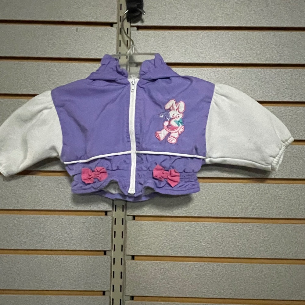 Vintage Kids Purple White Bunny Embroidered Hooded Windbreaker Jacket 80s 12 M